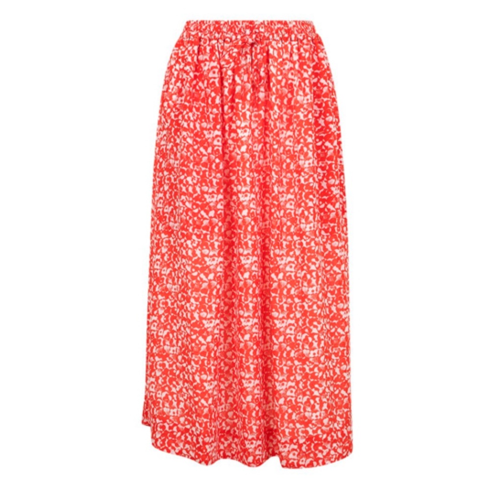 Ganni Light Crepe Mini-Floral Printed Midi Skirt in Red/Light Pink sz 36